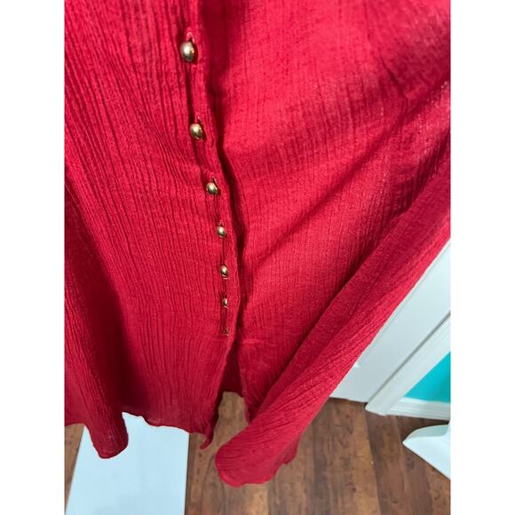 90s Red Rayon Crepe Flutter Sleeve Button Front Tie Corset Back Maxi Dress L/XL - Picture 6 of 8